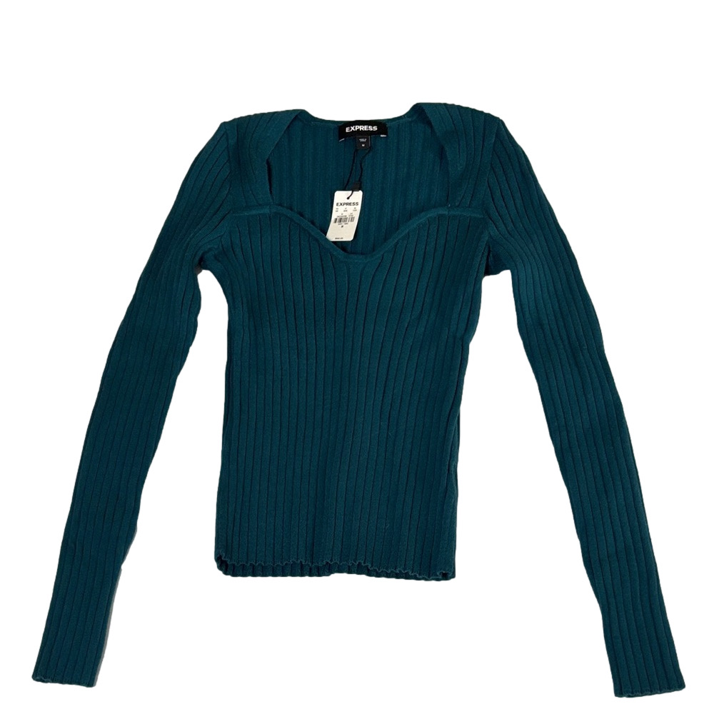 Express Teal Ribbed Long Sleeve Bodycon Blouse Sz M | Trendy Fitted Top